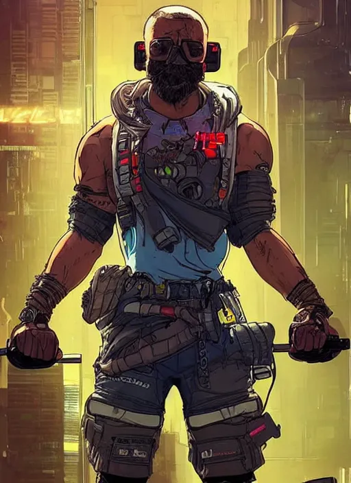 Image similar to greg. apex legends buff cyberpunk weight lifter. concept art by james gurney and mœbius. gorgeous face, cinematic, dramatic lighting ( cyberpunk 2 0 7 7 ), clean aesthetic