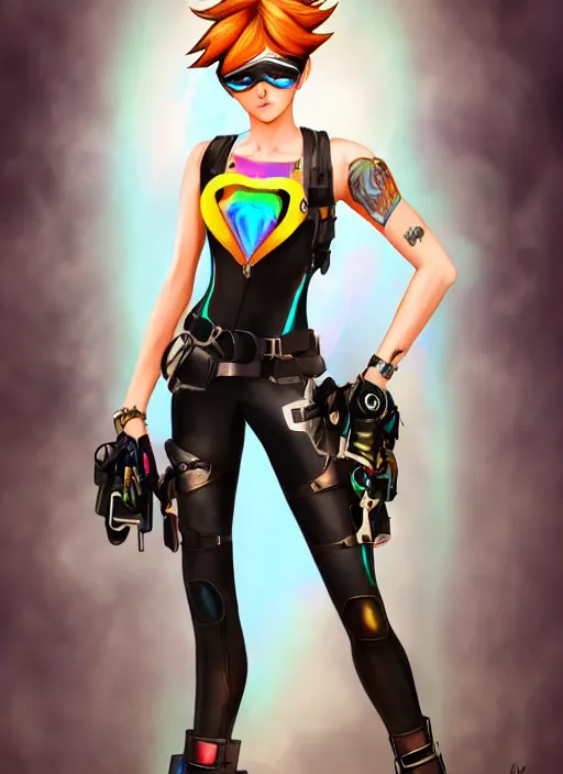 Image similar to full body digital artwork of tracer overwatch, wearing black iridescent rainbow latex tank top, 4 k, expressive happy smug expression, makeup, in style of mark arian, wearing detailed black leather collar, chains, black leather harness, leather cuffs around wrists, detailed face and eyes,