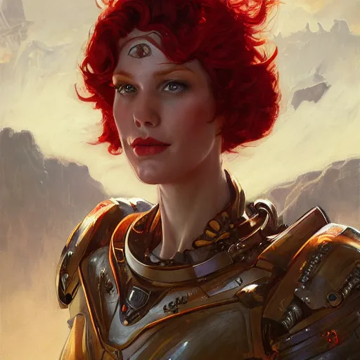 Prompt: a portrait of an woman with red short hair wearing a whiteblouse and robot armor commanding an army on a dead world full of rocks, highly detailed, centered, digital painting, artstation, concept art, donato giancola, Joseph Christian Leyendecker, WLOP, Boris Vallejo, Breathtaking