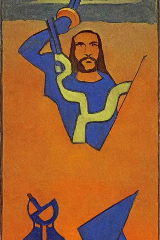 Image similar to thor holding the hammer, marvel, artwork by nicholas roerich,