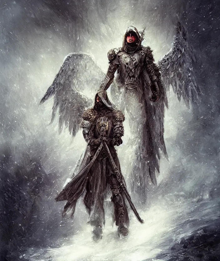 Prompt: Angel Soldier in a snowstorm, wearing an armor with fur accents, mysterious, fantasy artwork, godrays, warm colors, by seb mckinnon