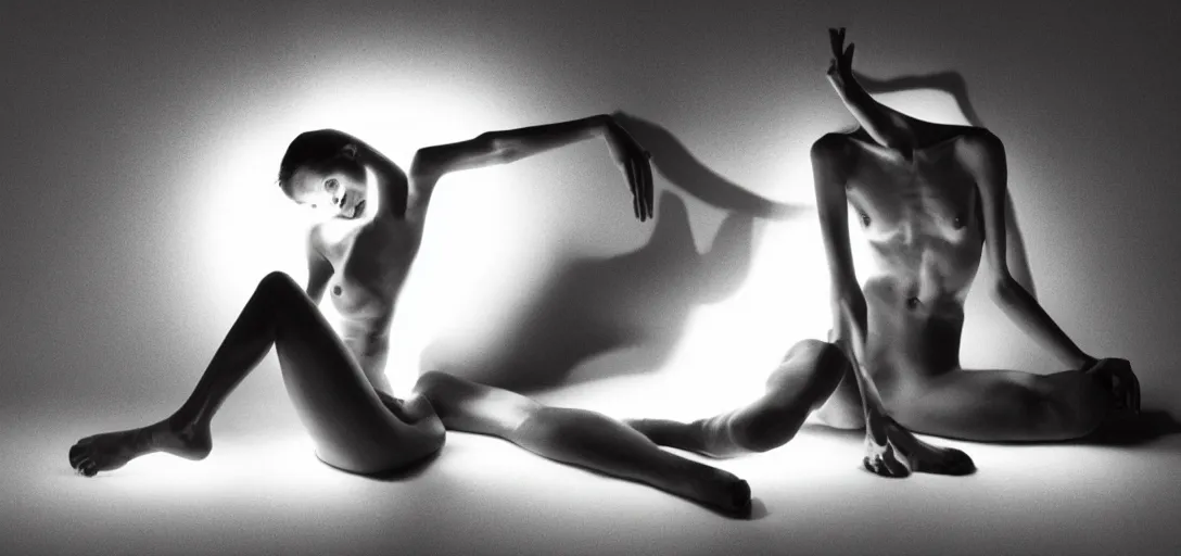 Prompt: photo portrait of a skinny girl body, no clothes, raised hands, white background, by helmut newton, up light, front light, black and white, highly detailed, cinematic, dynamic lighting