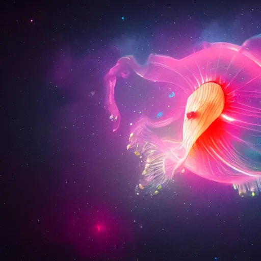 Image similar to unknown undiscovered jellyfish swimming in outer space nebula, 4 k, ultra detail, ultra realistic, 8 k, octane render, unreal engine, beeple