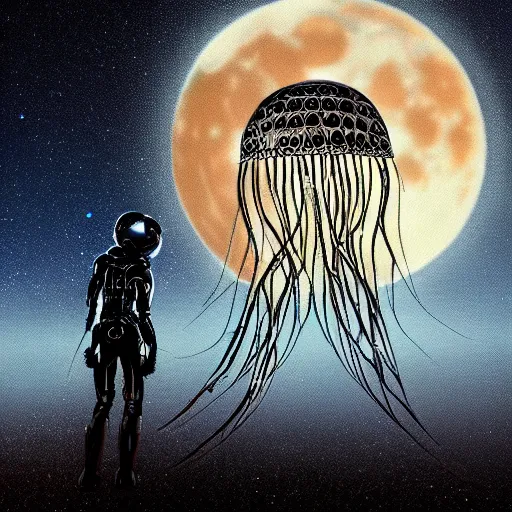 Prompt: a cybernetic jellyfish enveloping the moon, highly detailed, cinematic, stars in the background