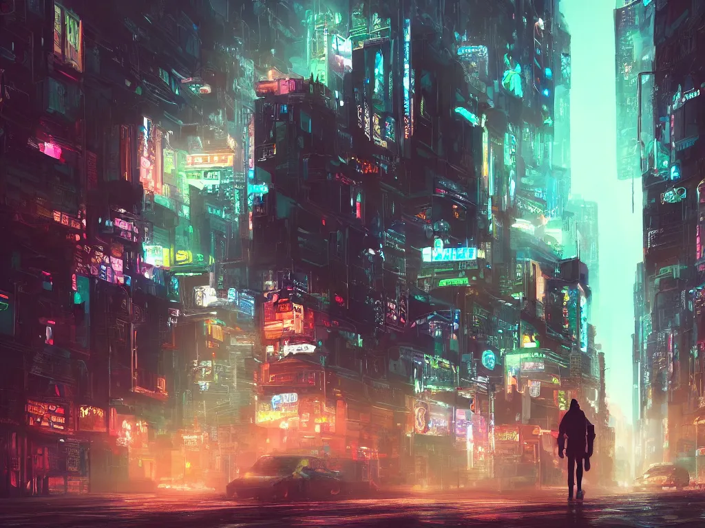 Prompt: a highly detailed digital painting of a nomad wandering a sci - fi cyberpunk city, neon lights, volumetric lighting, atmospheric fog, epic composition, artstation