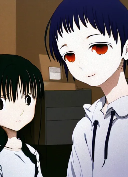 Image similar to boy, girl and a goat, still from Serial Experiments Lain, high resolution