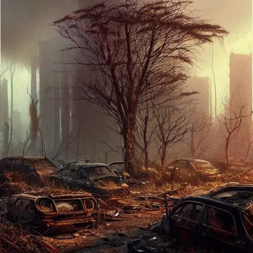 Prompt: wild forest!!! vegetation!!!, rubble!!, rusty cars!!, postapocalyptic city of munic!!, hyperrealistic, highly detailed, cinematic, foggy light from fires, beautiful, cgssociety, artstation, 8 k, oil painting by greg rutkowski, by artgerm, by wlop