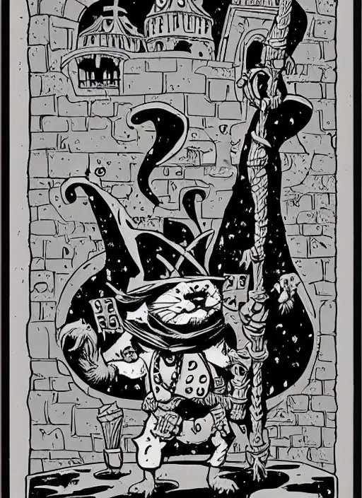 Image similar to highly detailed, wizard cat with a dungeon background by mike mignola