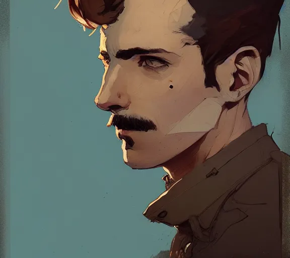 Image similar to portrait victorian man with brown hair, by atey ghailan, by greg rutkowski, by greg tocchini, by james gilleard, by joe fenton, by kaethe butcher, by ashley wood, dynamic lighting, gradient light blue, brown, blonde cream and white color scheme, grunge aesthetic