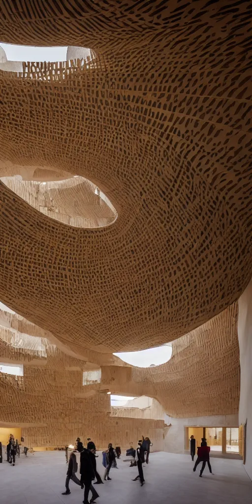 Image similar to indoor photo of a complex cultural building made of fractal rammed earth, people walking