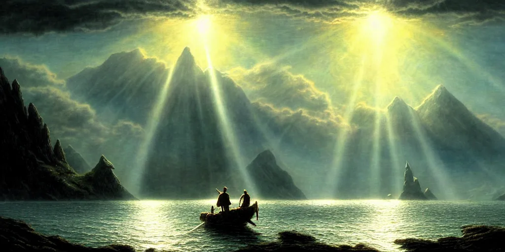 Image similar to a hobbit out at a lord of the rings scenery landscape, staring across the sea from the shore at a white timber sail boat leaving harbour, evening, god's rays highly detailed, vivid colour, soft clouds, full moon, cinematic lighting, perfect composition, gustave dore, derek zabrocki, greg rutkowski, belsinski