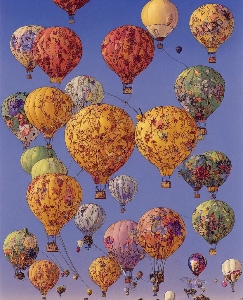 Prompt: flowers as hot air balloons illustration by salvador dali and moebius, intricately detailed