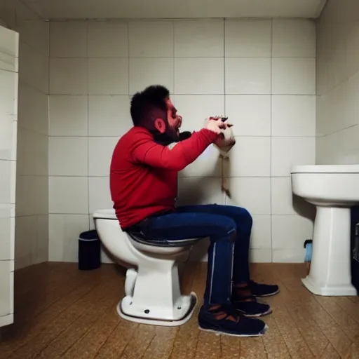 Image similar to Man screaming from ache sitting on toilet, wide angle photo, portrait, shot on gopro, action shot, real photo