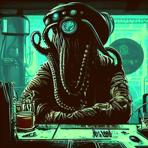 Image similar to a high quality portrait of octopus Davy Jones in a cyberpunk cyberpunk cyberpunk cafe, realism, 8k, award winning photo