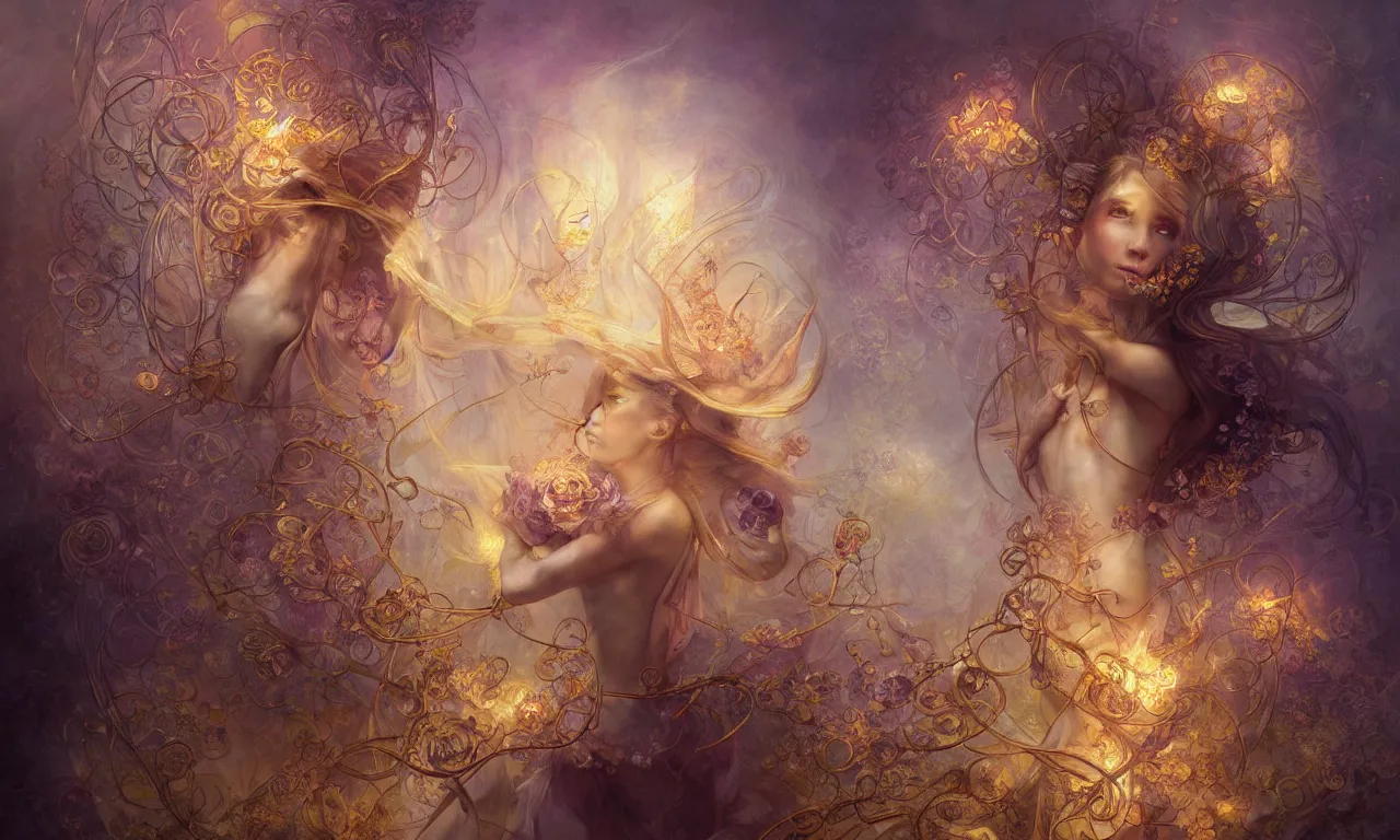 Prompt: breathtaking detailed soft painting of a fairy with fire amethyst wings and golden ribbons, art nouveau golden rose flowers and ribbons floating around, rembrandt style, hyper detailed fire stained glass windows, volumetric lighting, concept art, matte, sharp focus by Tom Bagshaw, Anato Finnstark and Greg Rutkowski