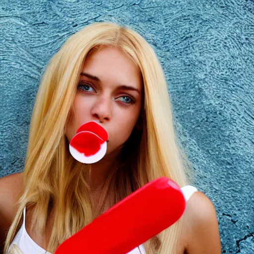 Prompt: beautiful blond women with a red lollipop