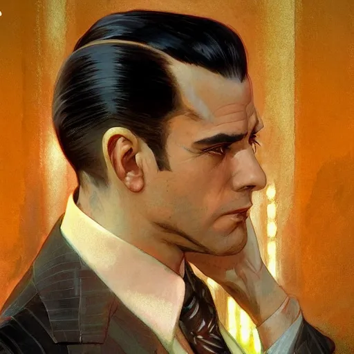 Image similar to 1930s mobster, painted fantasy character portrait, highly detailed, digital painting, artstation, concept art, sharp focus, illustration, art by artgerm and greg rutkowski and alphonse mucha