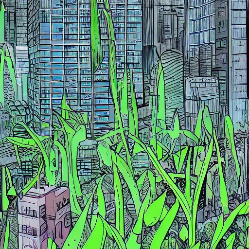 Image similar to a city shrouded in a dome of transparent plants, comic book style, high res