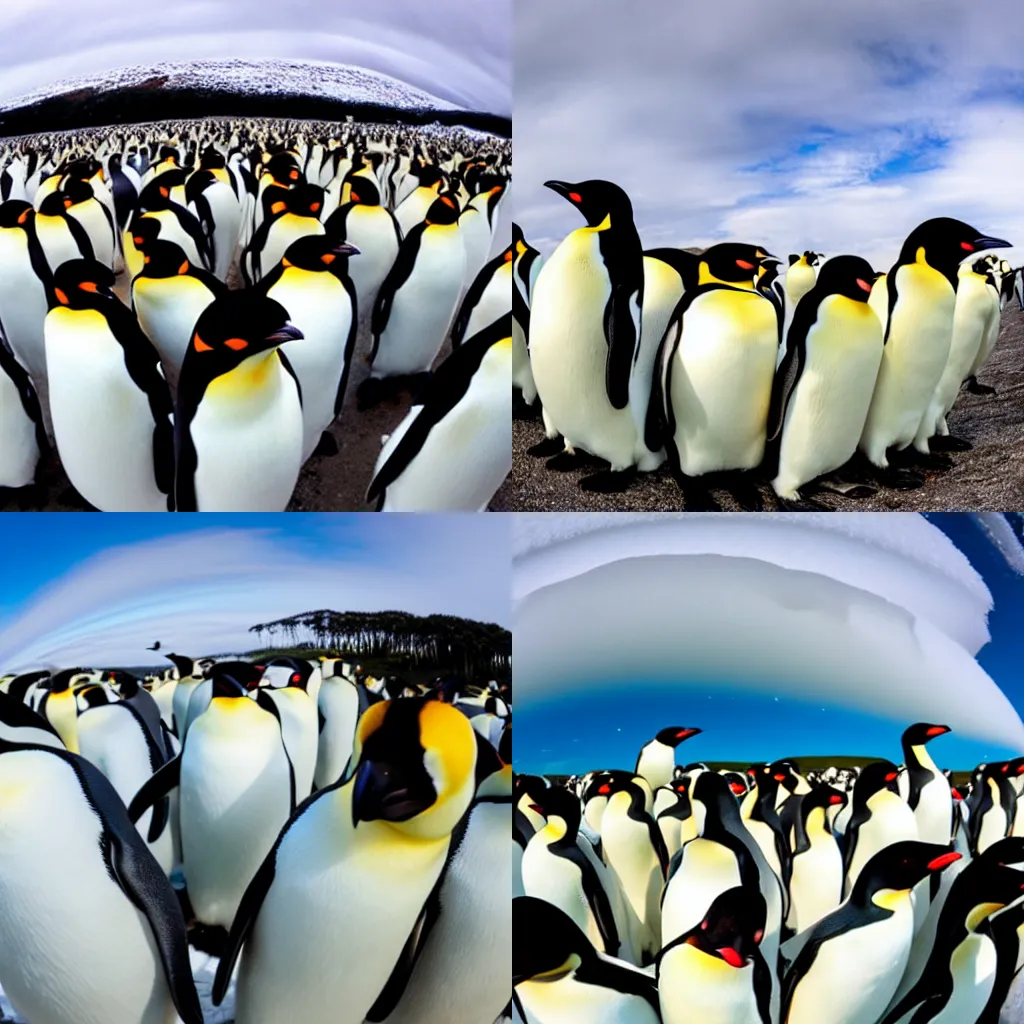 Prompt: selfie of a group of emperor penguins, fisheye lens selfie