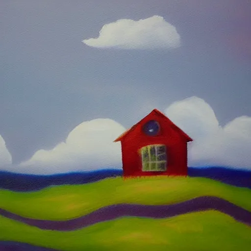 Prompt: a painting of a little house in the clouds