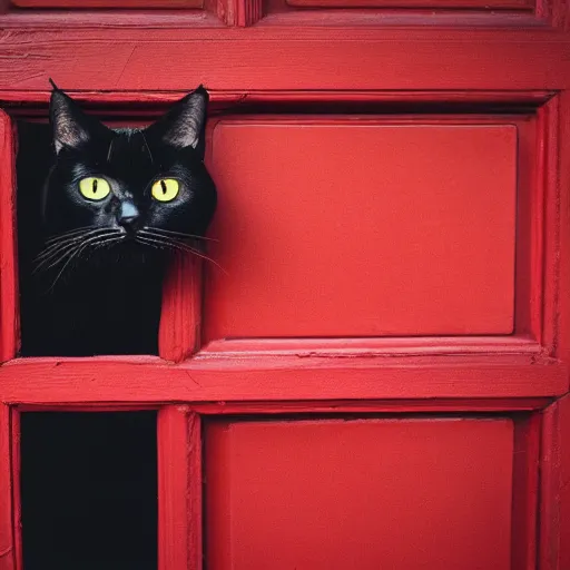 Image similar to a cat peaking behind the red door, professional photography