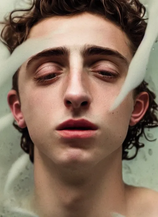 Prompt: Kodak Portra 400, 8K,ARTSTATION, Caroline Gariba, soft light, volumetric lighting, highly detailed, britt marling style 3/4 , extreme Close-up portrait photography of a Timothee Chalamet how pre-Raphaelites with his eyes closed,inspired by Ophelia paint, his face is under water Pamukkale, underwater face, hair are intricate with highly detailed realistic , Realistic, Refined, Highly Detailed, interstellar outdoor soft pastel lighting colors scheme, outdoor fine photography, Hyper realistic, photo realistic