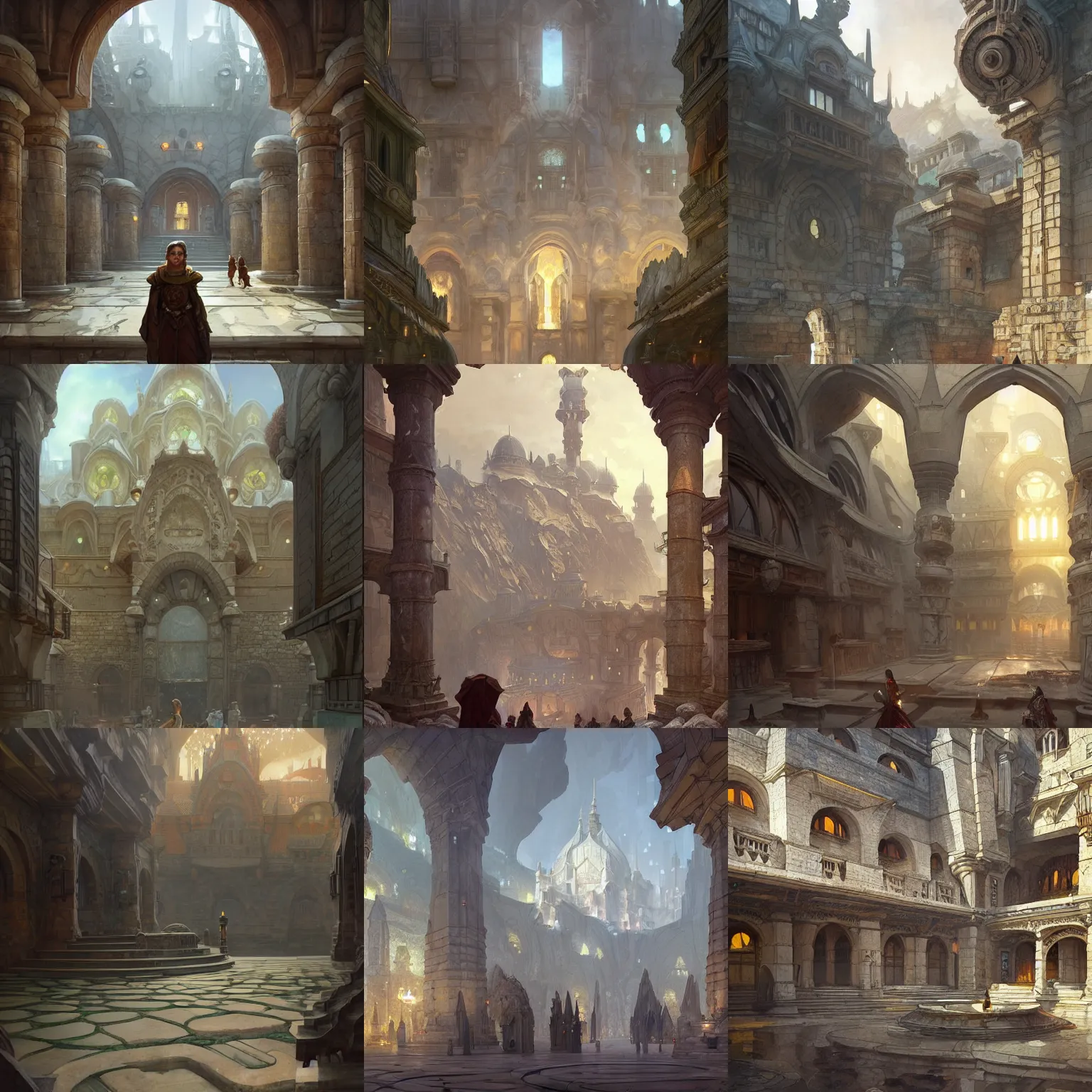 Prompt: A wide open courtyard in a beautiful dwarven city made of marble, underground, lustrous minerals, a fantasy digital painting, artstation, concept art, sharp focus, illustration, art by greg rutkowski and alphonse mucha