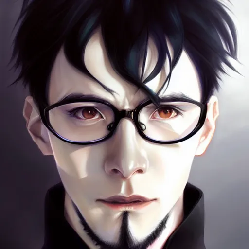 Image similar to portrait of gendo ikari evangelion, male, thin pursed lips, sharp jaw light black hair soft hair swept back short length hair, anime, fantasy, intricate, elegant, highly detailed, digital painting, artstation sharp focus, hunterpedia madonna art by artgerm and ruan jia and ross tran