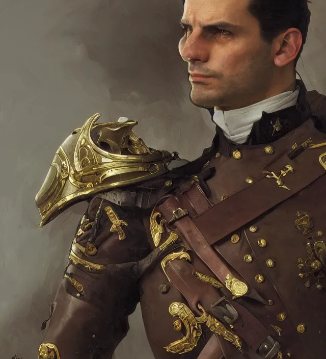 Image similar to portrait of an italian man wearing a traditional nineteenth century italian empire military uniform, metal shoulder pauldrons, intricate, highly detailed, digital painting, artstation, concept art, sharp focus, cinematic lighting, illustration, art by artgerm and greg rutkowski, alphonse mucha, cgsociety