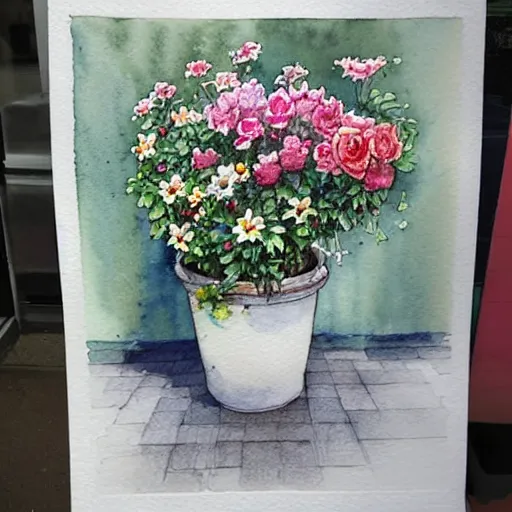 Image similar to a beautifull intricate watercolor painting of potted planter with flowers inside sitting on wet sidewalk, reflexions, high details by stephanie law art
