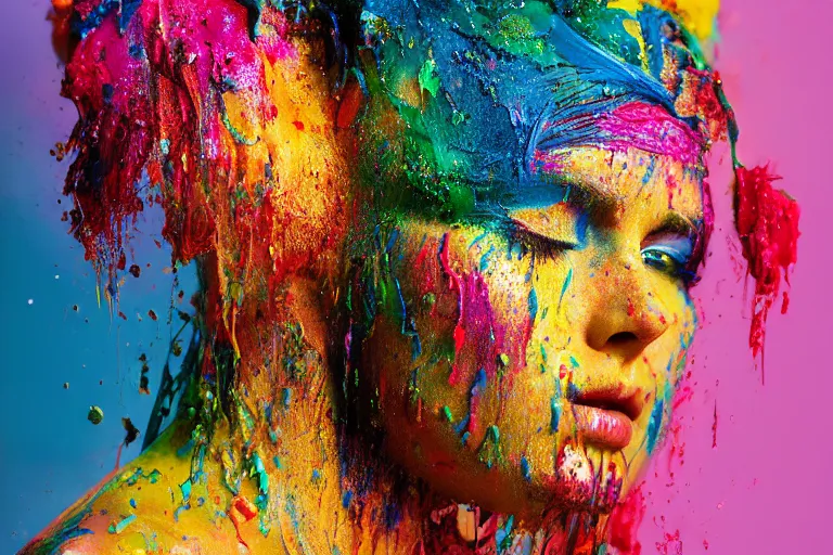 Image similar to a highly detailed cinematic headshot portrait photograph of a woman with a liquid paint headdress, with rainbow paint splash, melting smoothly into other faces, liquid, ultra realistic, beautiful rim lighting, by richard avedon and annie leibovitz and arnold newman, photorealistic, hyperrealistic, octane, high speed camera, zeiss lens, sharp focus, paint splash