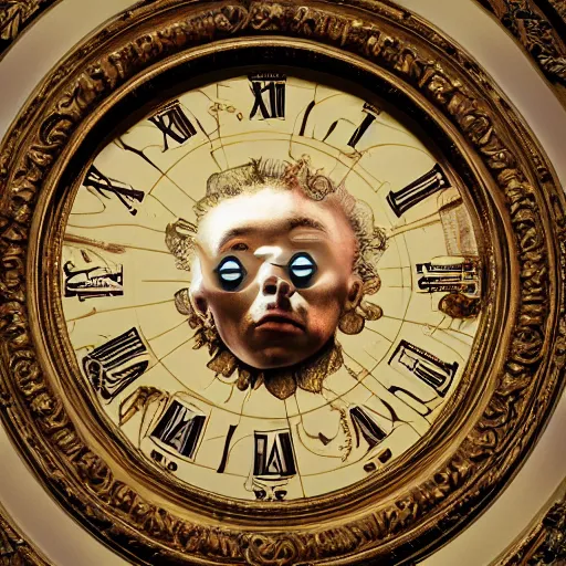 Prompt: human head replaced with clock in baroque style , surrealism , hyperrealistic , photoreaistic