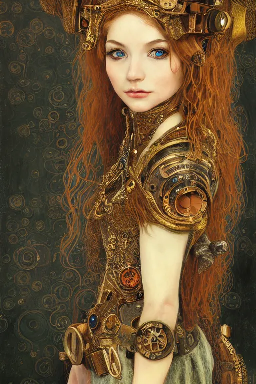 Image similar to portrait of beautiful young elf girl, steampunk, highly detailed, artstation, illustration, art by Gustav Klimt