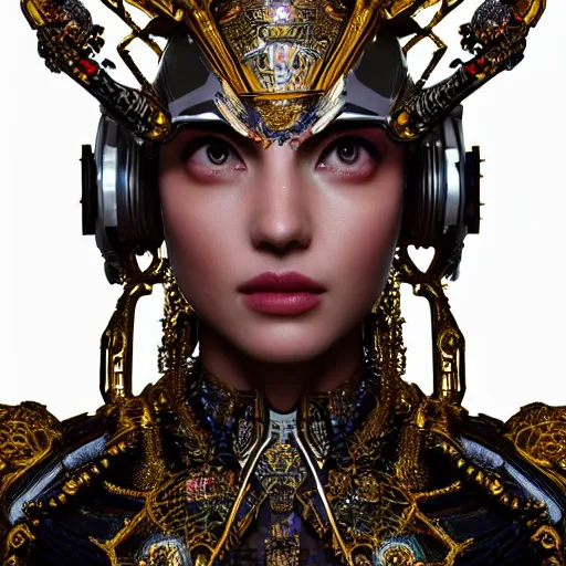 Image similar to a beautiful empress portrait, with a brilliant, impossible striking big cybernetic headpiece, cybernetic clothes, symmetrical, dramatic studio lighting, rococo, baroque, asian, hyperrealism, closeup, D&D, fantasy, intricate, elegant, highly detailed, digital painting, artstation, octane render, 8k, concept art, matte, sharp focus, illustration, art by Artgerm and Greg Rutkowski and Alphonse Mucha