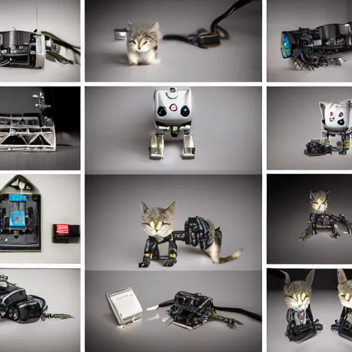 Prompt: a robotic housecat, knolling photography