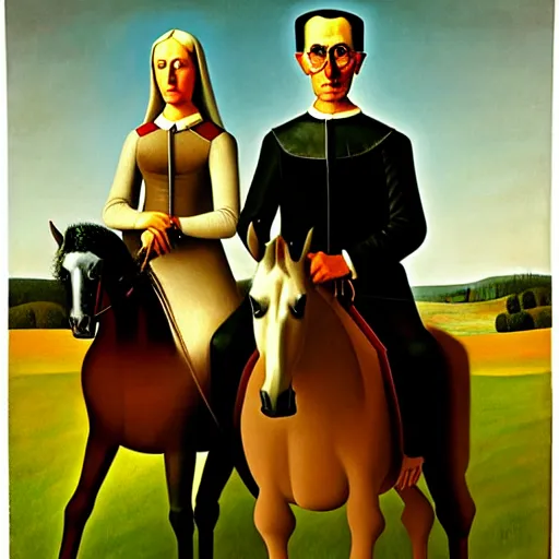 Prompt: an original painting of american gothic replaced with horses, a couple riding a horse, by grant wood