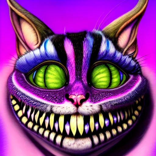Image similar to An extremely psychedelic portrait of Cheshire Cat, surreal, LSD, face, detailed, intricate, elegant, lithe, highly detailed, digital painting, artstation, concept art, smooth, sharp focus, illustration