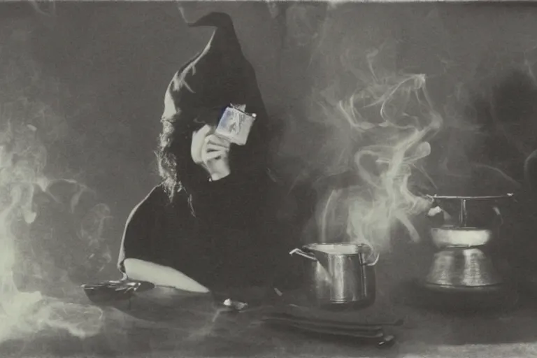 Image similar to polaroid 1 9 8 0's photo, close up portrait, dramatic lighting, concentration, calm confident teen witch and her cat mixing a spell in a cauldron, a little smoke fills the air, a witch hat and cape, a little green smoke is coming out of the cauldron, ingredients on the table, apothecary shelves in the background, still from harry potter