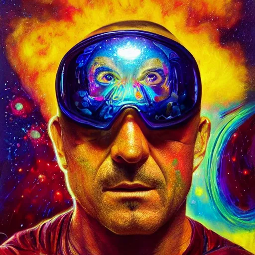 Image similar to Dominic Purcell an extremely psychedelic experience, colorful, surreal, dramatic lighting, cosmonaut, LSD, face, detailed, intricate, elegant, highly detailed, digital painting, artstation, concept art, smooth, sharp focus, illustration, art by Sam Spratt, Dan Mumford, Artem Demura and Alphonse Mucha