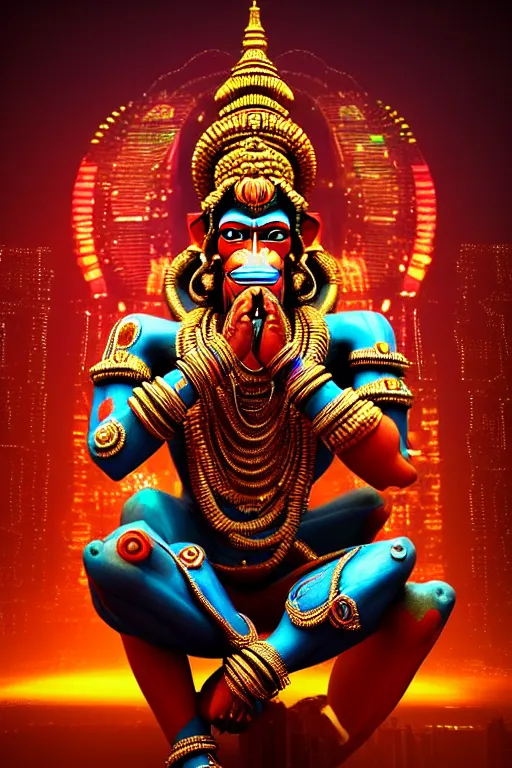 Prompt: high quality 3 d render colorful cyborg! hanuman sitting, gold madhubani, highly detailed, cyberpunk!! mumbai in the background, unreal engine cinematic smooth, szukalski & blade runner, moody light, low angle, uhd 8 k, sharp focus