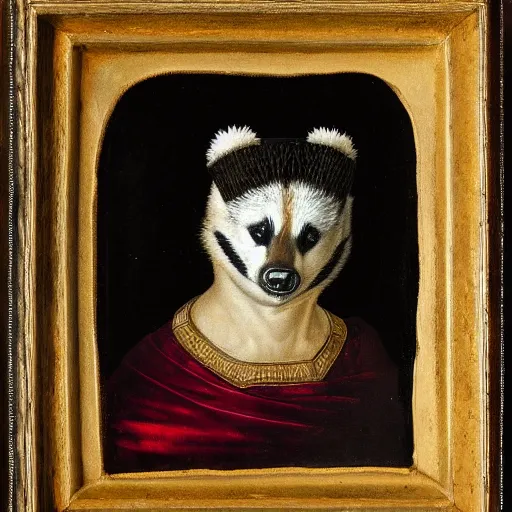 Prompt: renaissance style portrait of an european badger wearing a crown and a cape, dark background