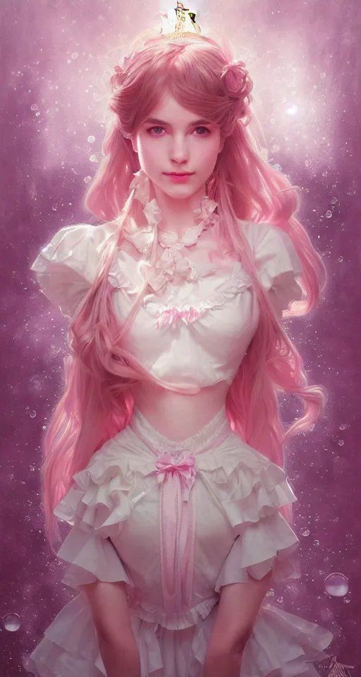 Prompt: portrait of magical lolita girl, dreamy and ethereal, pink eyes, peaceful expression, ornate frilly dress, fantasy, intricate, elegant, rainbow bubbles, highly detailed, digital painting, artstation, concept art, smooth, sharp focus, illustration, art by artgerm and greg rutkowski and alphonse mucha