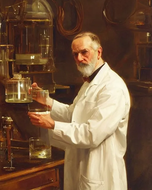 Prompt: a old professor doing experiments in his lab, oil on canvas, artstation, by j. c. leyendecker and edmund blair leighton and charlie bowater, beautiful face, octane, very aesthetic!!!!!!!!!!!!!!!