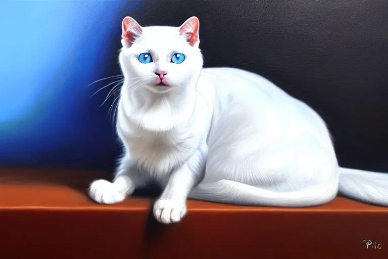 Image similar to an epic professional oil painting of a white cat with blue eyes, epic, stunning, gorgeous, intricate detail, much wow, 4K, masterpiece,