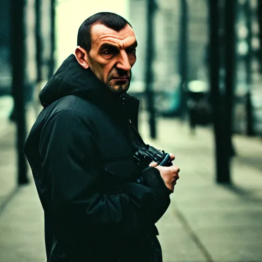 Image similar to film still of Niko Bellic, sigma 85mm f/1.4, 4k, depth of field, high resolution, 4k, 8k, hd, full color