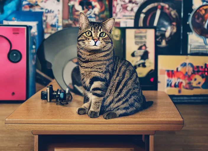 Image similar to photography of a Cat sitting on a record player. in a room full of vinyls and posters out of the 70's, photorealistic, raining award winning photo, 100mm, sharp, high res