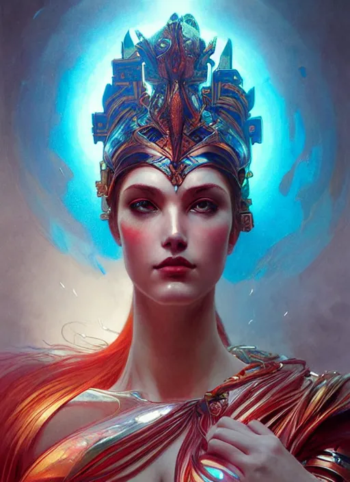 Image similar to the goddess hera looking angry, paper armour, volumetric lights, red and cyan theme, dystopian, intricate, elegant, highly detailed, digital painting, artstation, concept art, smooth, sharp focus, symmetric face, illustration, art by artgerm and greg rutkowski and alphonse mucha