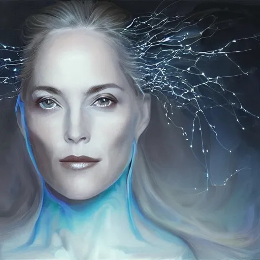 Image similar to masterpiece portrait of an aesthetic elegant mage woman, ice spell, 3 0 years old woman, sharon stone like, soft face, black dynamic hair, wearing silver diadem with blue gems inlays, silver necklace, painting by joachim bergauer and magali villeneuve, atmospheric effects, chaotic blue sparks dynamics in the background, intricate, artstation, instagram, fantasy