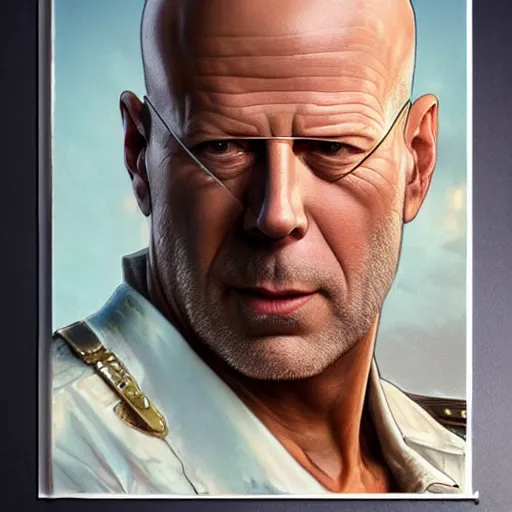 Prompt: bruce willis as sagat from street fighter, wearing an eye patch, 4 k, ultra realistic, detailed focused art by artgerm and greg rutkowski and alphonse mucha