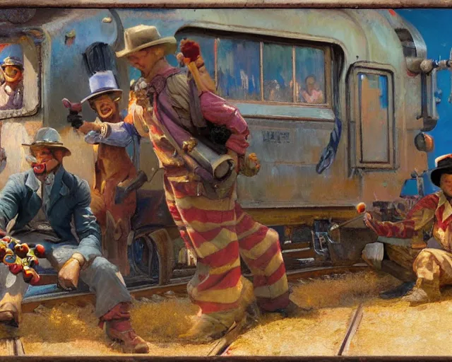 Prompt: clowns robbing a train using water guns, highly detailed painting by gaston bussiere, craig mullins, j. c. leyendecker 8 k